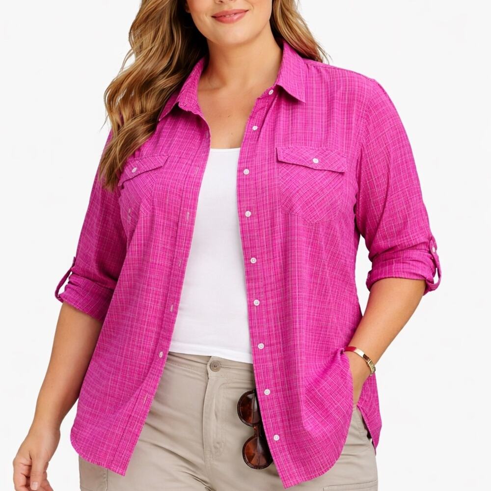 Eddie Bauer Travex Pink Plaid Button Front Shirt XXL Vented Pockets